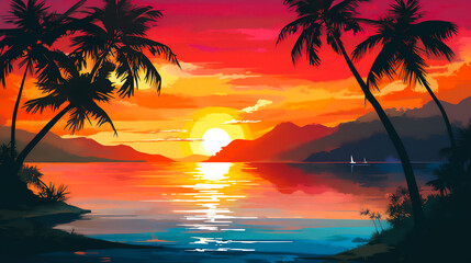 A serene image showcasing a colorful sunset casting a warm glow over a calm ocean, with silhouettes of palm trees in the foreground, symbolizing hope and tranquility
