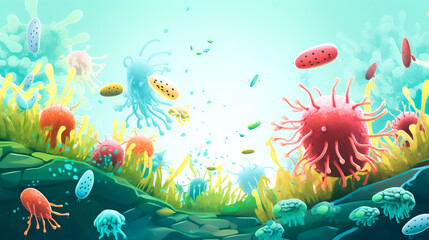 Obraz na płótnie Canvas A vibrant illustration showcasing a diverse colony of microscopic gut bacteria, delicately balanced on a pale blue background