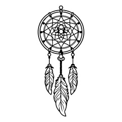 boho dreamcatcher, symbolism mascot made of weave and feathers, simple wicker mandala.