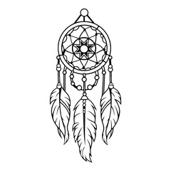 boho dreamcatcher, symbolism mascot made of weave and feathers, simple wicker mandala.