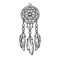 boho dreamcatcher, symbolism mascot made of weave and feathers, simple wicker mandala.