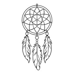 Obraz premium boho dreamcatcher, symbolism mascot made of weave and feathers, simple wicker mandala.