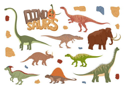 Cartoon dinosaur characters with vector dino egg and baby brachiosaurus. Vector prehistoric animal personages set with cute mammoth, parasaur, iguanodon and dimetrodon, centrosaurus, plateosaurus