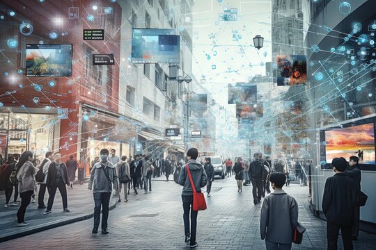 Surveillance camera of a crowd of people walking along busy city streets. Face recognition big data comprehensive analysis interface, scanning and displaying information. Data collection. Espionage.