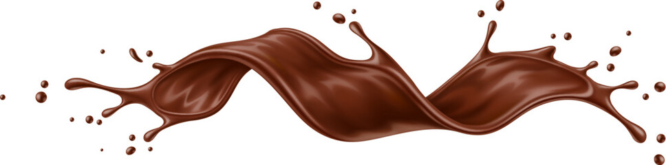 Realistic liquid brown chocolate wave splash. Isolated 3d vector delicious treat for the senses, rich and velvety with a burst of cocoa goodness. Brown choco swirl with drops, irresistible indulgence - 630590163