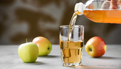 Pouring apple juice from bottle into glass on table