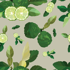 kaffir lime leaves and fruit seamless pattern