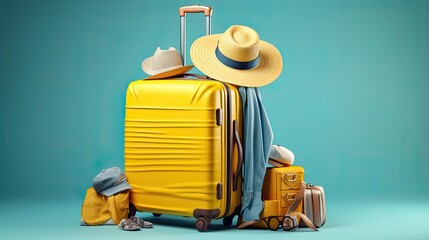 baggage travel. yellow suitcase with travel accessories such as sunglasses, hat and camera on green background.