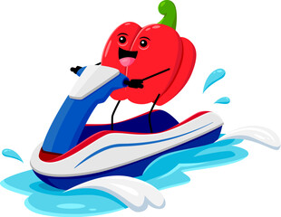 Cartoon cheerful bell pepper vegetable character riding a water bike , enjoying a summer vacation adventure. Isolated vector veg personage enjoying sun, waves, and laughter create a delightful scene