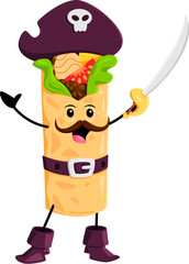 Cartoon burrito pirate and corsair tex mex mexican food character. Isolated vector swashbuckling freebooter roll personage wielding a gleaming saber, ready to conquer the high seas with a fiery spirit