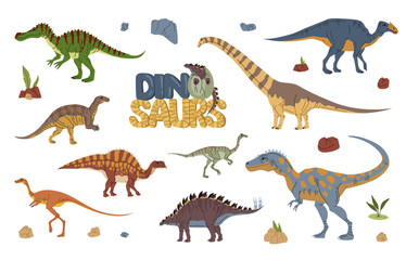 Cartoon dinosaur characters. Prehistoric dinosaur, paleontology lizard colorful Baryonyx, Aralosaurus, Brachiosaurus, Probactrosaurus and Ouranosaurus, Elaphrosaurus isolated vector funny personages