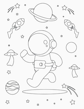 Space activity coloring page for kids, Cute and funny coloring page with rocket, astronaut, earth and more for coloring book,