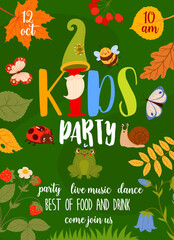 Kids party flyer. Gnome items, autumn leaves and garden tools. Vector vertical invitation poster with cute dwarven hats, frog, butterfly and bee. Tree branches, ladybug, strawberry and funny snail