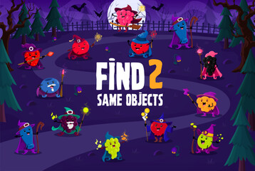 Find two same cartoon Halloween berry wizards at night cemetery. Kids vector game worksheet match the pair for strawberry, blueberry, cranberry and honeysuckle. Cloudberry, gooseberry, grape character