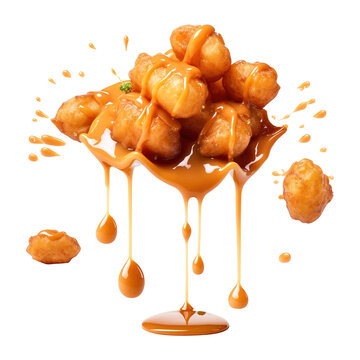 Flying fried potatoes with sauce splash