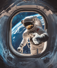Kosmonauta, astronauta w statku kosmicznym w kosmosie na tle ziemi pokazujący kciuk do góry