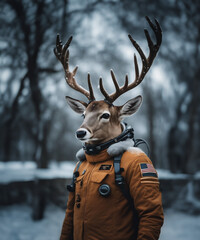 Abstrakcyjny obraz sen - Astronauta z głową jelenia i dużym porożem na tle zimowego krajobrazu