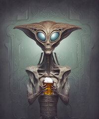 Alien, ufo, kosmita trzymający w ręku piwo, inwazja kosmitów na ziemię - obrazy, fototapety, plakaty