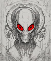 UFO, Zagadkowy Kosmita - Abstrakcyjny Portret Głowy Obcego w Kosmicznej Dalekiej Galaktyce z Hipnotyzującymi Oczami , głowa aliena - obrazy, fototapety, plakaty