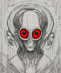 UFO, Zagadkowy Kosmita - Abstrakcyjny Portret Głowy Obcego w Kosmicznej Dalekiej Galaktyce z Hipnotyzującymi Oczami , głowa aliena - obrazy, fototapety, plakaty