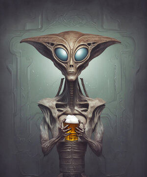 Alien, ufo, kosmita trzymający w ręku piwo, inwazja kosmit&oacute;w na ziemię