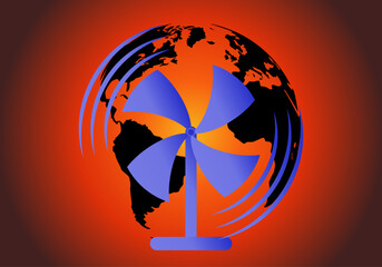 El planeta Tierra sufriendo el calentamiento global, la ola de calor y un ventilador de pie refrescándola. Calentamiento global, ola de calor, cambio climático. Desastre natural © Montsilus