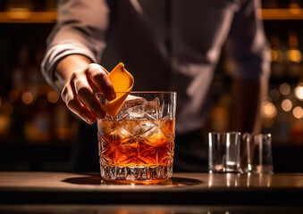 Bartender arranging negroni cocktail with orange peel on bar counter.Macro.AI generative