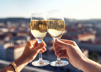 Obraz premium Couple hands holding champagne glasses above large city on their vacation.Macro.AI Generative
