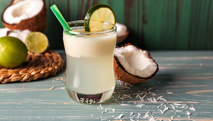 Tasty cocktail with coconut on table