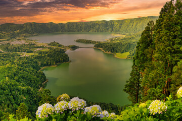 Sete Cidades landscape at sunrise, Sao Miguel Island, Azores, Europe