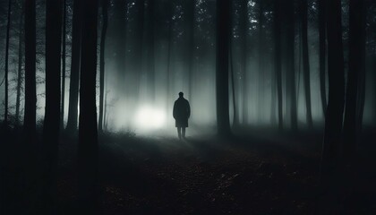 Silhouette of a man walking in the dark forest with fog. Generated by AI