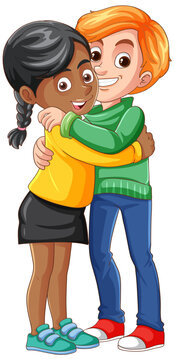 Interracial couple couple hugging cartoon character