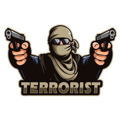 masked terrorist holds pistols in both hands, vector, logo, cartoon, mascot, character, illustration