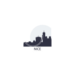 Fototapeta premium France Nice cityscape, skyline, city panorama vector flat logo, icon. French Riviera townscape emblem concept with landmarks and buildings at sunrise, sunset