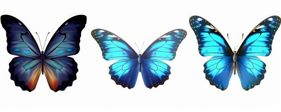 A set of three very beautiful blue butterflies with color transitions isolated on a transparent background. AI generated, Generative AI