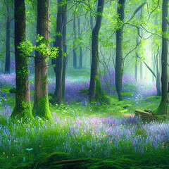 Beautiful sunny summer morning in magic forest. Forest in the morning in the sun, trees in a haze of light, glowing fog among the trees.
