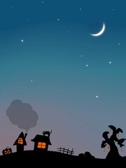 ハロウィンの夕暮れの空と町並みシルエットの背景フレーム　縦