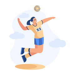 Young lady in uniform jumping and playing volleyball. Sporty and healthy lifestyle. Concept of playing sport game outside. Vector flat illustration in yellow and blue colors in cartoon style
