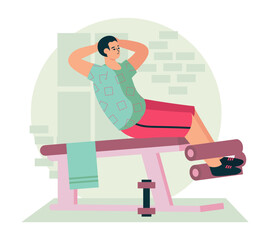 Active young man doing abs in the gym. Sporty and healthy lifestyle. Concept of doing workout. Vector flat illustration in green and red colors in cartoon style