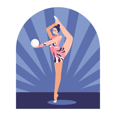 Young female dancing with ball, doing gymnastic exercise. Young human engaged in sport. Sporty and healthy lifestyle. Flat vector illustration in cartoon style in blue colors