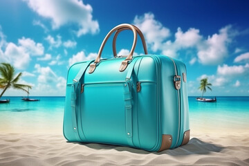 Red leather suitcase on the beach with blue sky, world tourism day, Generative AI