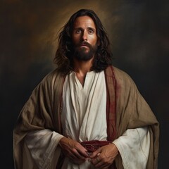 Portrait of Jesus Christ of the Bible as a man in his middle years, strong and handsome, long hairs