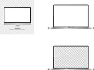 Realistic grey PC monitor mockup. Modern office device. 3D vector object with dropped shadow