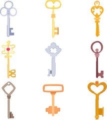 key vintage set cartoon. antique door, lock retro, shape ornate key vintage sign. isolated symbol vector illustration