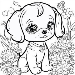 Coloring book page outline of cartoon smiling cute little dog with flowers. Line art vector illustration, coloring book for kids.