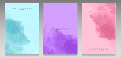Colorful watercolor cover set. Turquoise, purple and pink color: creative brochure, flyer, backgrounds, vector illustration.