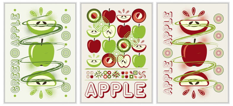 Set of vertical A4 poster with fruit apple, abstract shapes in simple geometric style Good for branding, decoration of food package, cover design, decorative print, background, wall decoration