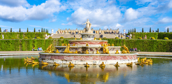 VERSAILLES, FRANCE - APRIL 15, 2023: Latona Fountain in the Gardens of Versailles, Chateau Versailles near Paris, France.