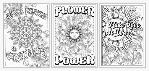 Set of groovy retro A4 posters with sun, sunbeams, chamomile flowers, peace sign, text. Peaceful antiwar concept. Bright summer vintage illustration.