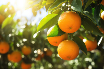 Bunch of fresh ripe oranges hanging on a tree in orange garden. Details of Spain